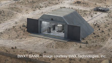 Graphic illustrating the BWXT Advanced Nuclear Reactor (BANR), a transportable microreactor designed for efficient energy production using TRISO fuel.