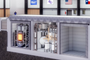 Cutaway rendering of the Natura MSR-1 molten-salt research reactor installation at Abilene Christian University’s Science and Engineering Research Center. The liquid-fueled reactor vessel sits within a trench-mounted enclosure, where fission heat is carried by a forced-circulation molten-salt loop to a primary heat exchanger. Thermal energy is then transferred to secondary systems located in adjacent sections of the trench, allowing reactor heat to be rejected to air or routed to other applications. Natura says this physical separation of core, heat removal, and secondary systems enables flexible integration of industrial thermal processes—such as produced-water desalination—without relying on high-pressure steam systems or large volumes of cooling water.